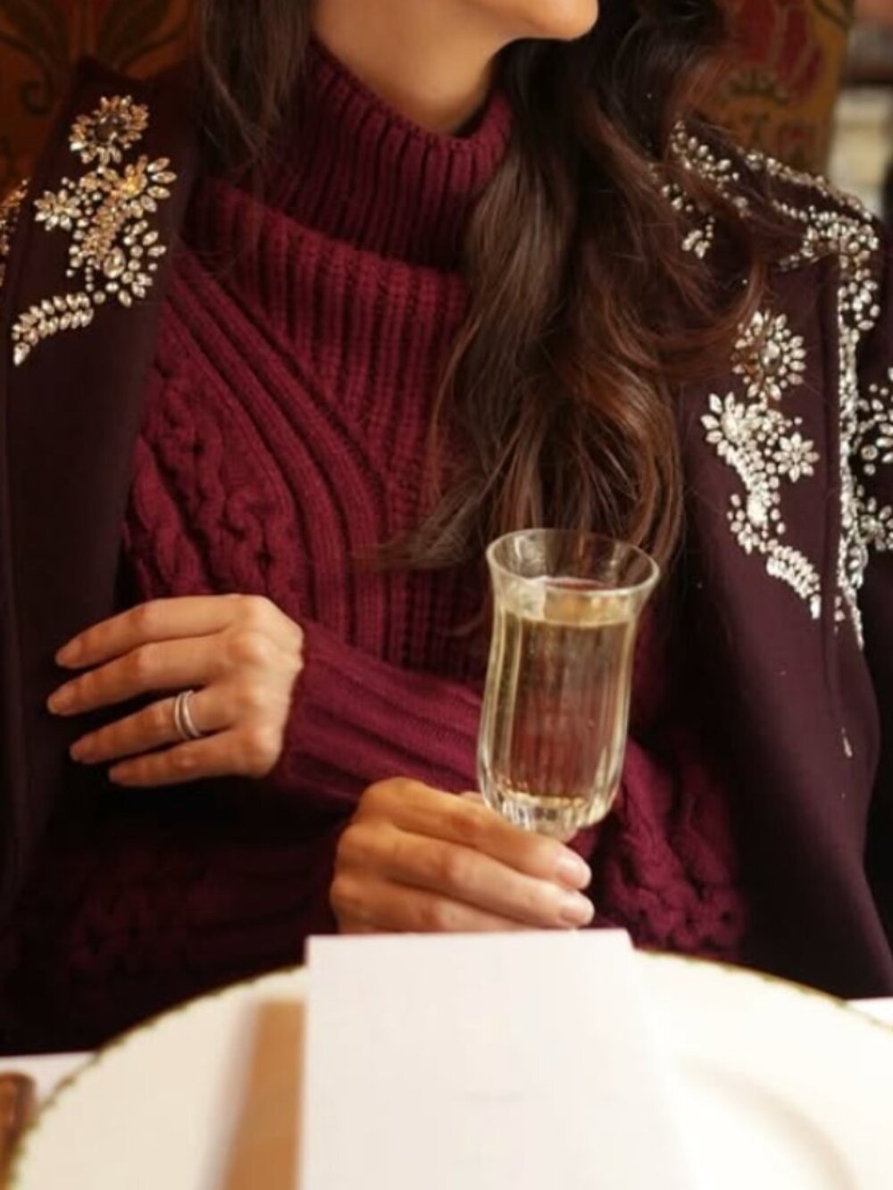 Embellished Wool Coat – Deep Burgundy with Crystal Detailing